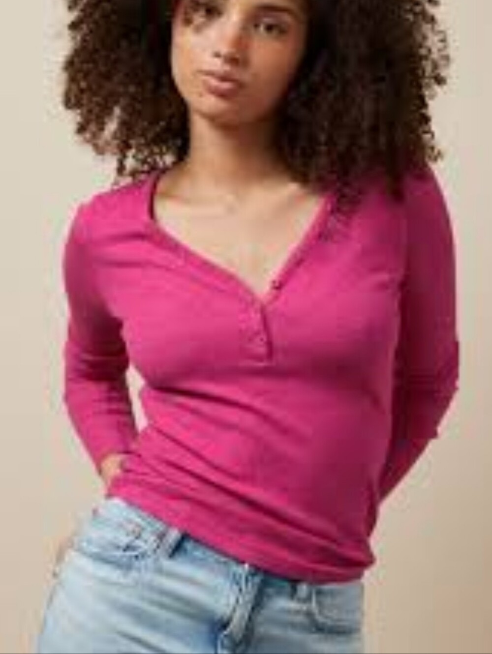 American Eagle Magenta Pink Waffle Knit V-neck 6 Button Top, XS